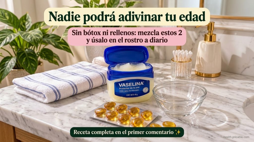 An open jar of Vaseline a blister pack of golden vitamin E capsules and an empty glass bowl on a marble counter with a w