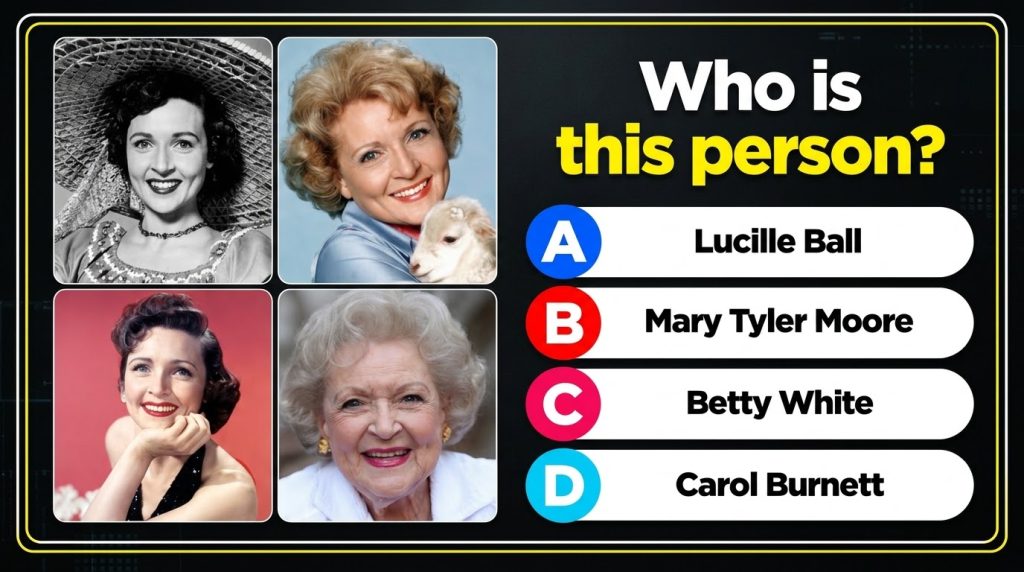 A 2x2 grid of four distinct portraits of Betty White from different eras with the question Who is this person below them