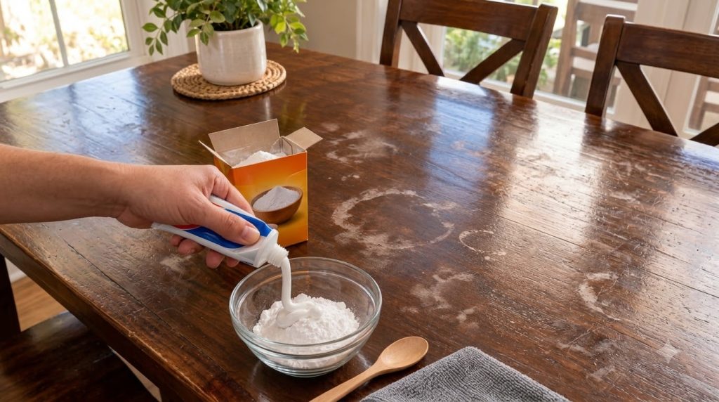 Una mano exprimiendo pasta dental blanca en un recipiente de vidrio con bicarbonato de sodio en polvo sobre una mesa de 