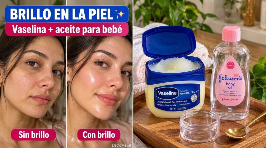 Una mujer mostrando el antes y después de usar la mezcla de vaselina y aceite de bebé con su piel luciendo más hidratada