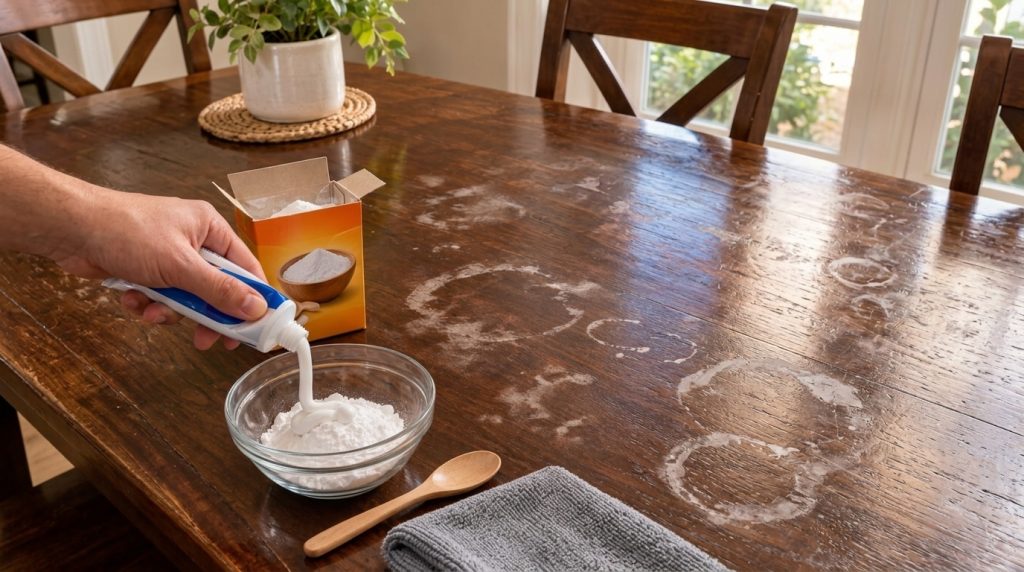 A close-up of a hand squeezing white toothpaste into a glass bowl with baking soda on a rustic wooden table Water stains