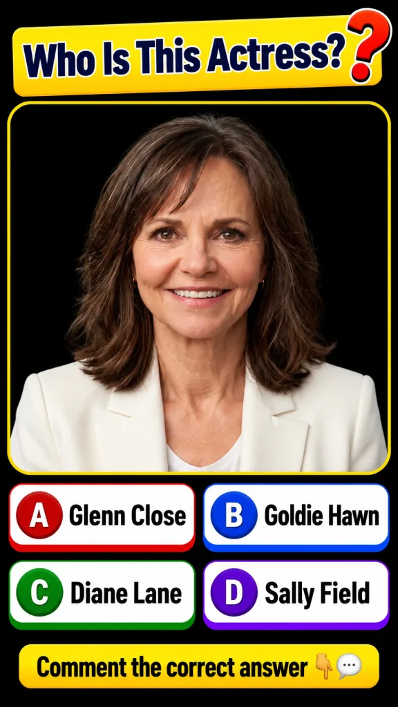 A cheerful portrait of Sally Field from a celebrity quiz smiling with shoulder-length brown hair wearing a white blazer 
