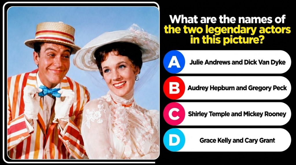 Julie Andrews and Dick Van Dyke in character from Mary Poppins smiling against a blue background