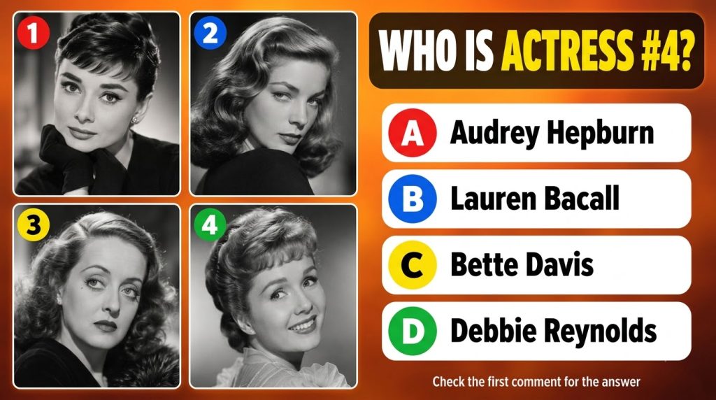 A 2x2 grid of black-and-white portraits of four classic Hollywood actresses with a quiz question WHO IS ACTRESS 4 and fo