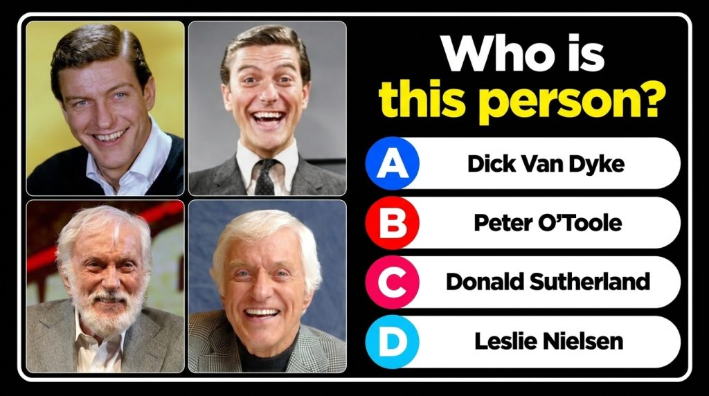 A 2x2 grid of four celebrity portraits top-left a younger Dick Van Dyke top-right Donald Sutherland bottom-left Peter O 