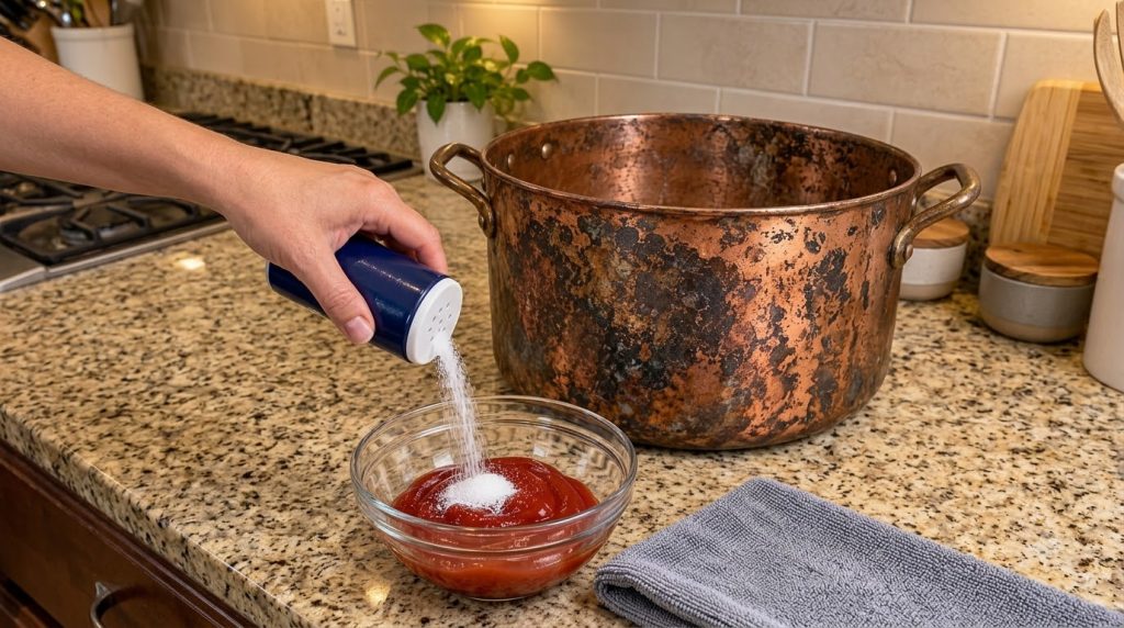 A hand adding a stream of white salt from a blue shaker into a clear glass bowl containing a rich red sauce with a rusti
