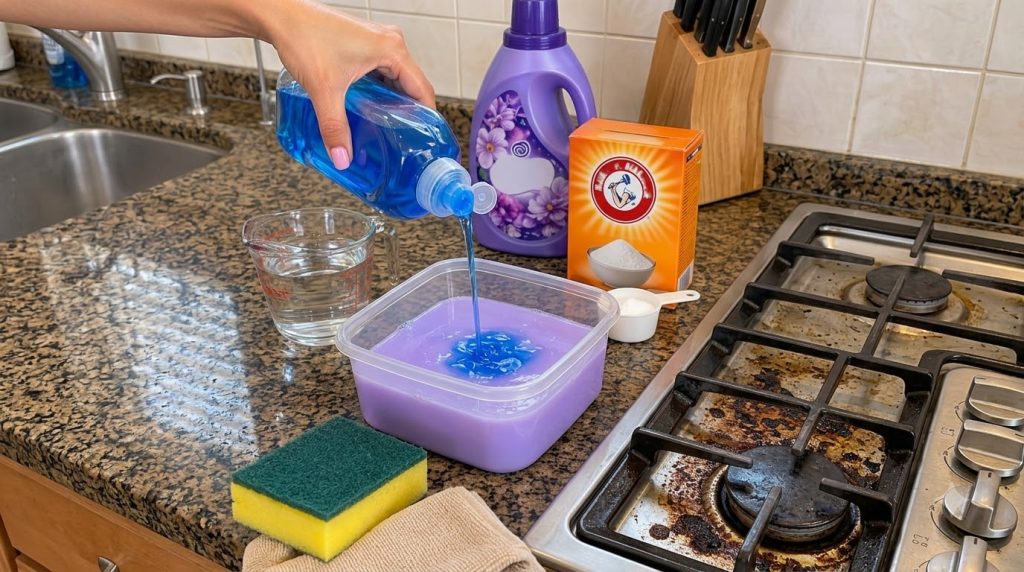 A hand pouring blue dish soap into a container with purple liquid surrounded by baking soda laundry detergent and a dirt