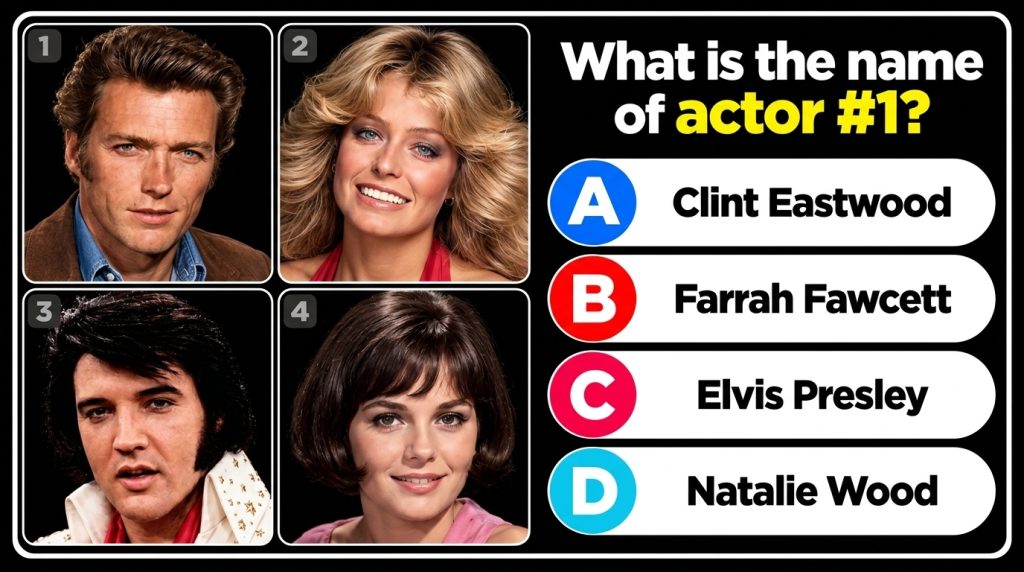 A multi-choice quiz grid featuring portraits of Clint Eastwood Farrah Fawcett Elvis Presley and Natalie Wood asking Who