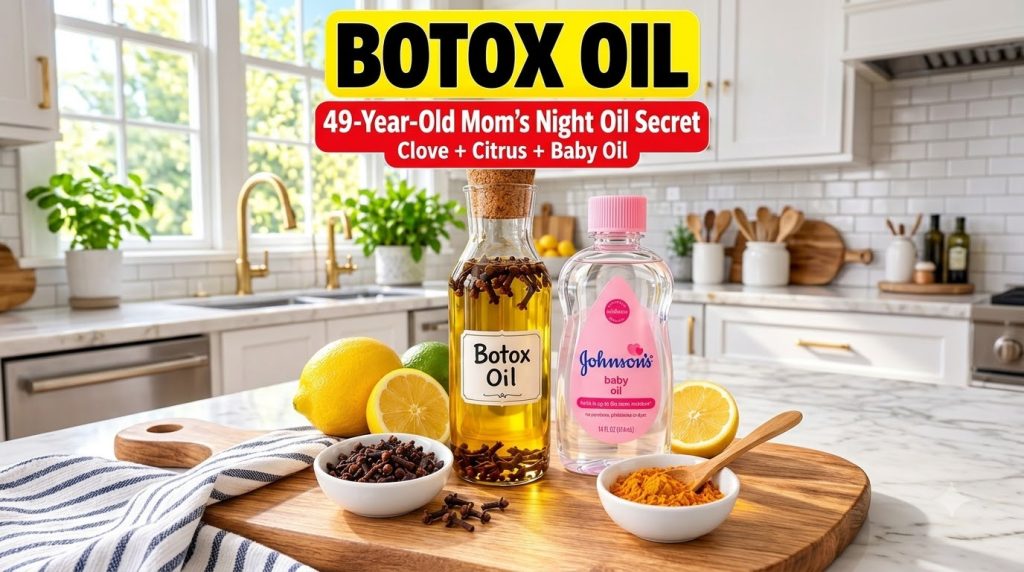 A DIY beauty setup with a glass bottle of Botox Oil containing cloves a bottle of baby oil fresh lemons a lime and bowls