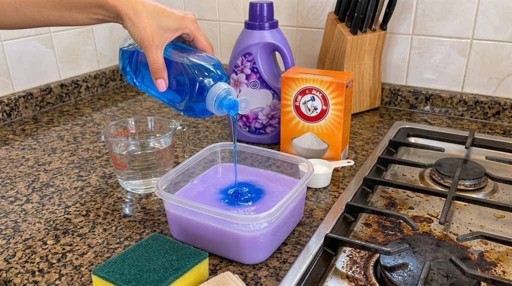 A close-up shot of a hand pouring blue dish soap into a container with purple liquid on a kitchen counter with other cle