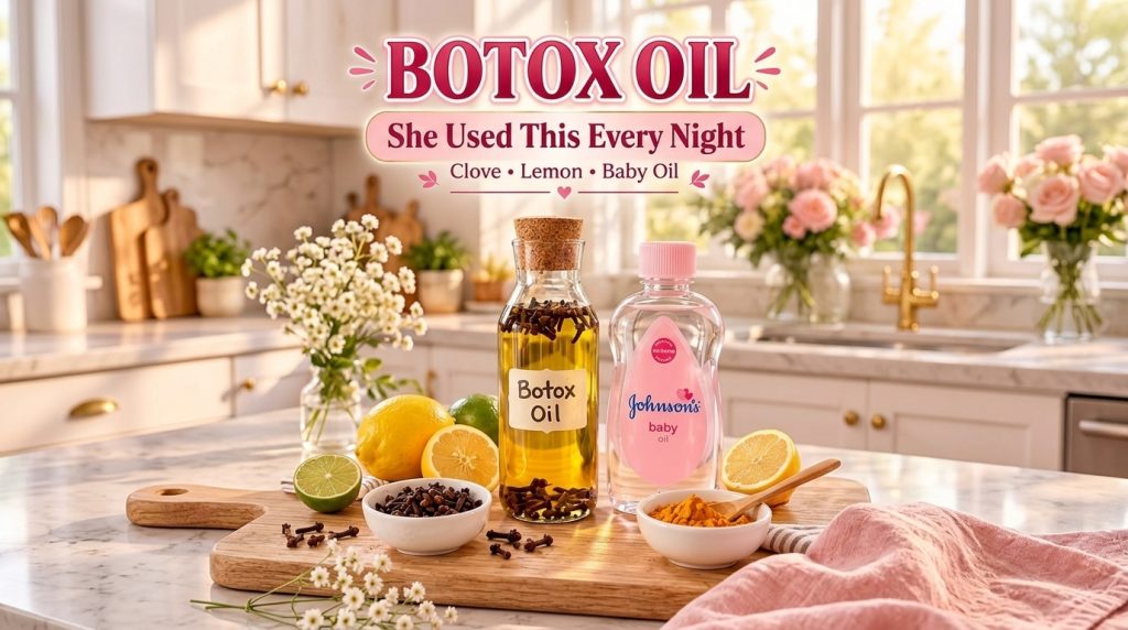 A collection of natural ingredients including a bottle of homemade Botox Oil with cloves and oil a bottle of baby oil fr