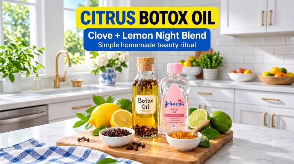 A bright clean kitchen setting featuring two small bottles one infused with cloves and lemon and another labeled Baby Oi