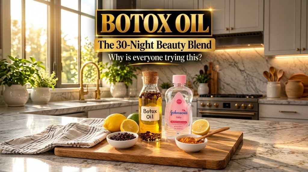 A Botox Oil bottle filled with liquid and cloves a Johnson s baby oil bottle cut lemons a lime a bowl of cloves and a bo