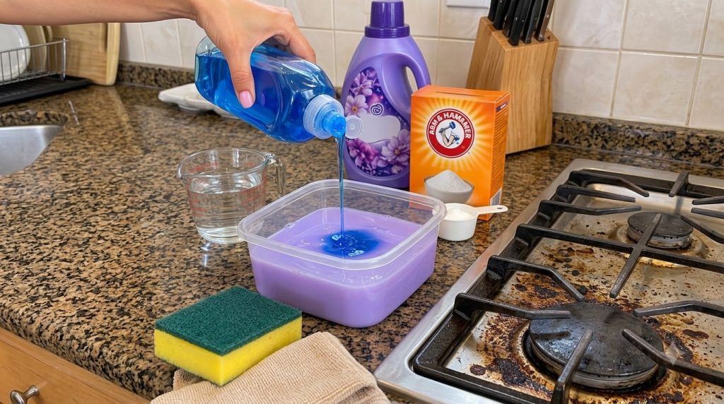 A hand pouring blue dish soap into a rectangular container with a purple liquid surrounded by baking soda a measuring sp