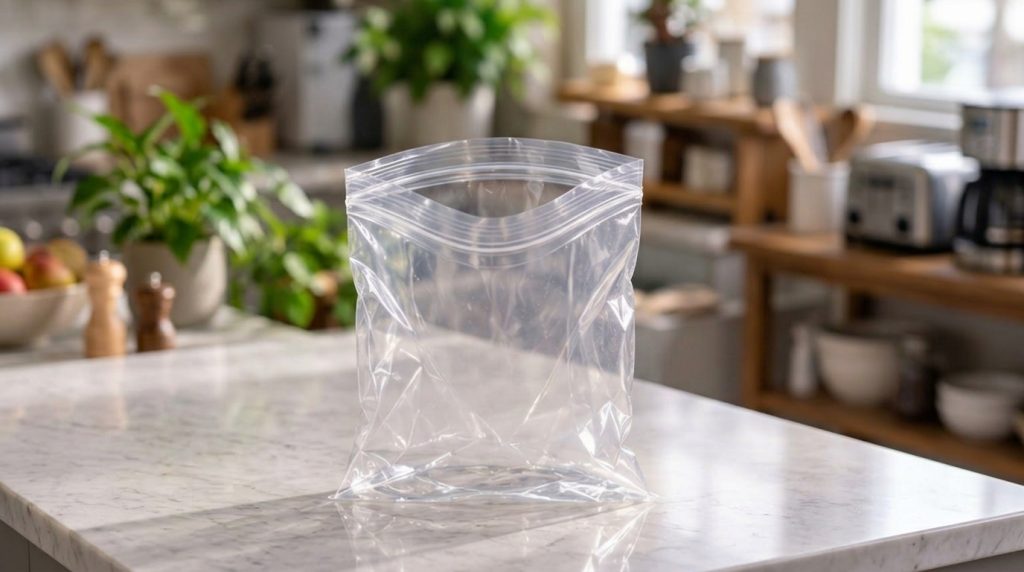 A clear Ziploc bag filled with perfectly cooked creamy scrambled eggs mixed with melted cheese placed on a white plate w