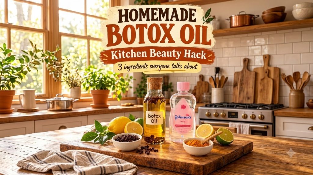 Ingredients for Homemade Botox Oil including a bottle of clove oil baby oil cloves turmeric lemons and lime on a rustic 