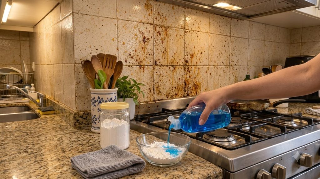 A hand pouring blue dish soap into a bowl of white powder cornstarch on a kitchen counter with a dirty tiled backsplash