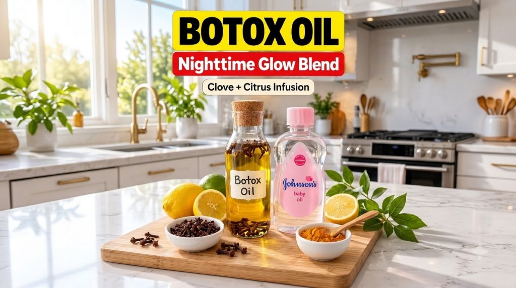Ingredients for a DIY beauty blend on a wooden board a bottle labeled Botox Oil containing oil and cloves a Johnson s ba