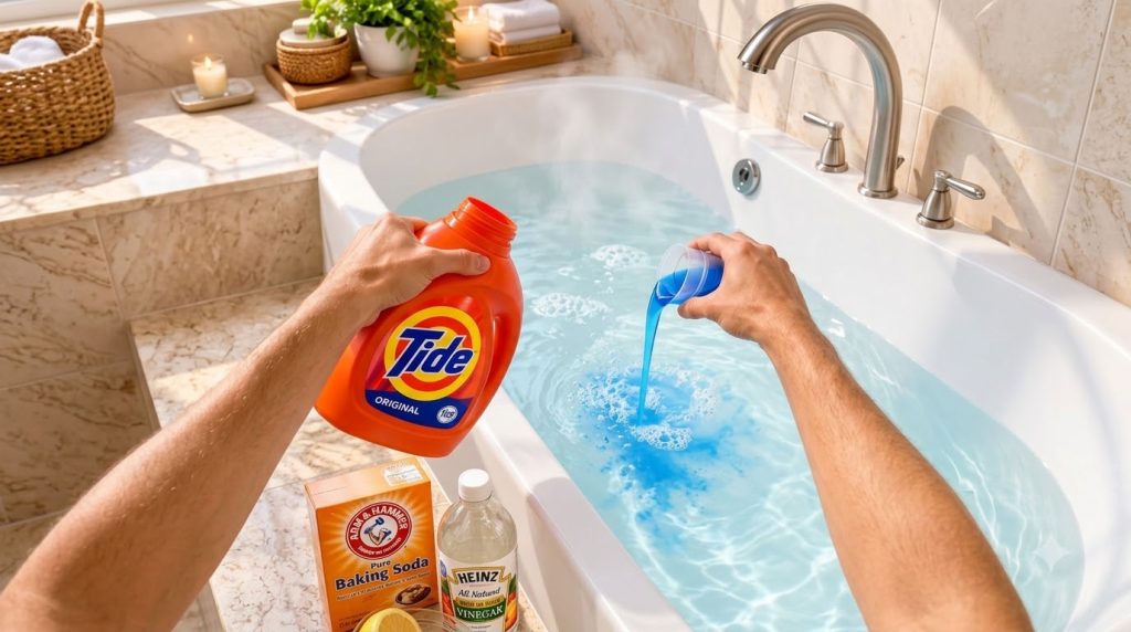 Hands pouring blue liquid into a bathtub with baking soda vinegar and lemons nearby