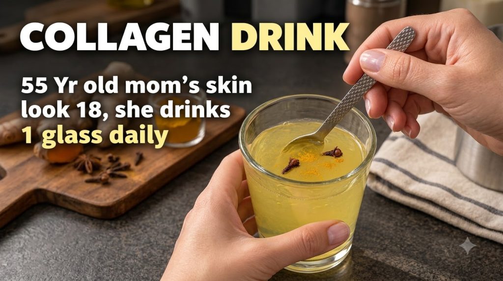 Close-up of a glass with a bright yellow liquid turmeric drink held by two hands Two whole cloves and some yellow powder
