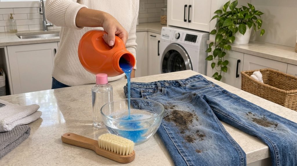 A hand pouring blue liquid laundry detergent from an orange bottle into a glass bowl of water next to mud-stained blue j