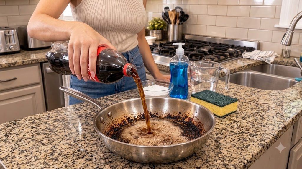 A person pouring dark soda from a red-capped bottle into a dirty stainless steel frying pan with burnt residue with baki