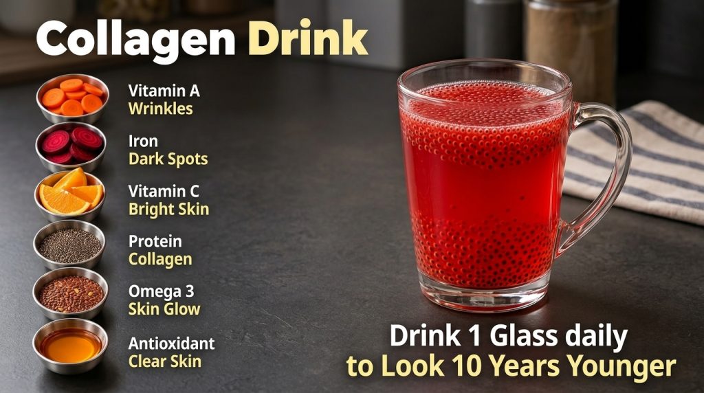 A vibrant red collagen drink in a glass with chia seeds surrounded by small bowls of fresh ingredients like carrots beet