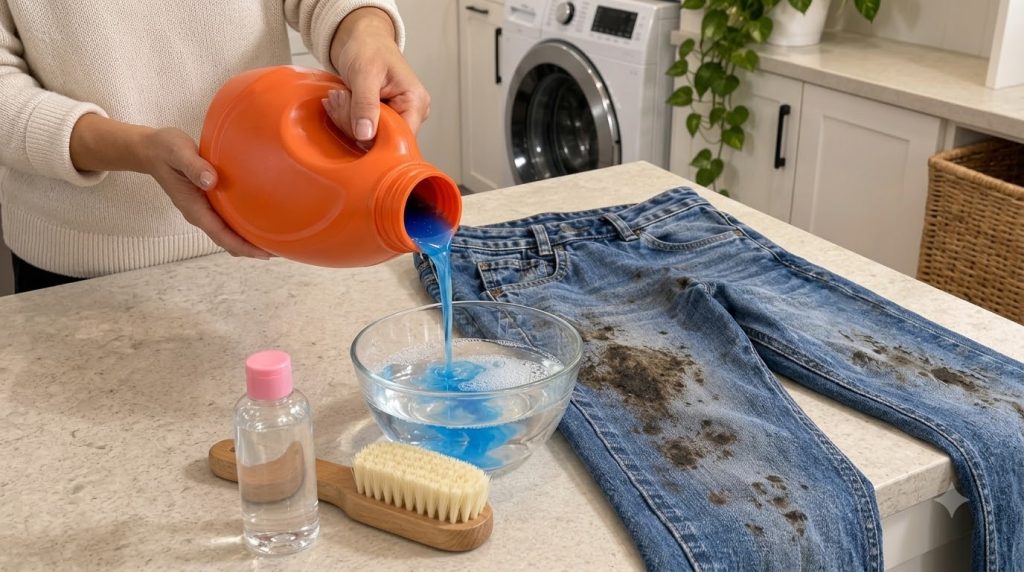A hand pouring blue liquid laundry detergent into a glass bowl of water with bubbles Next to it dirty blue jeans and a s