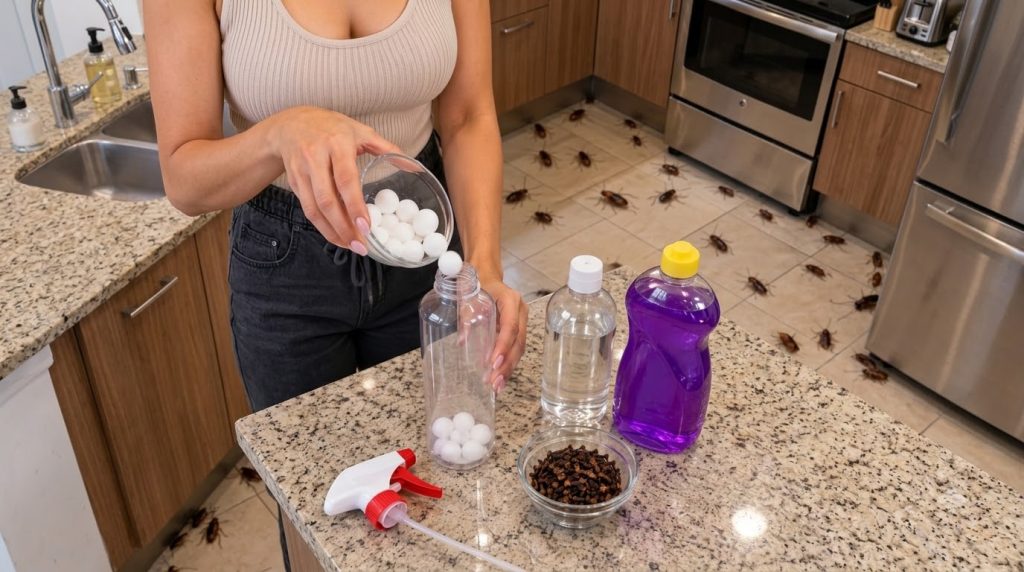 Hands preparing a homemade pest repellent dropping small white spheres into a clear bottle with a bowl of cloves nearby 