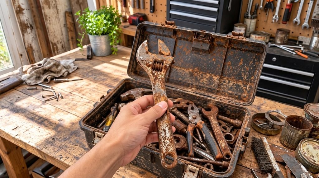 A close-up of a hand holding a heavily rusted adjustable wrench prominently displayed against an open equally rusted too