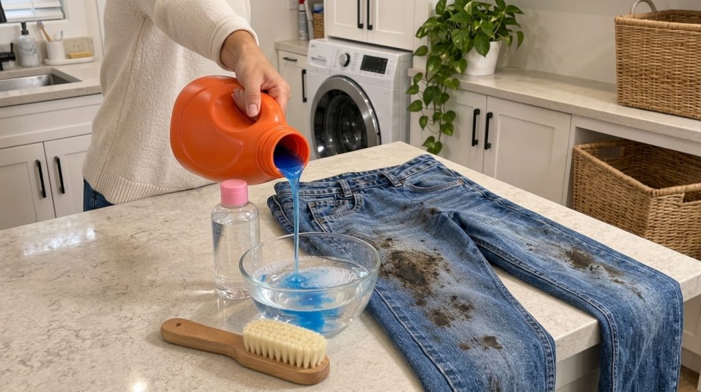 A hand pouring blue liquid laundry detergent from an orange bottle into a glass bowl with water and suds next to a pair 