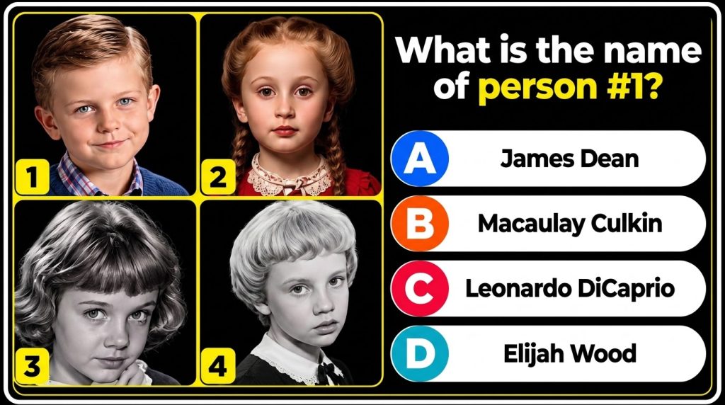 A multiple-choice quiz image showing four childhood headshots of different children labeled person 1 with the question W