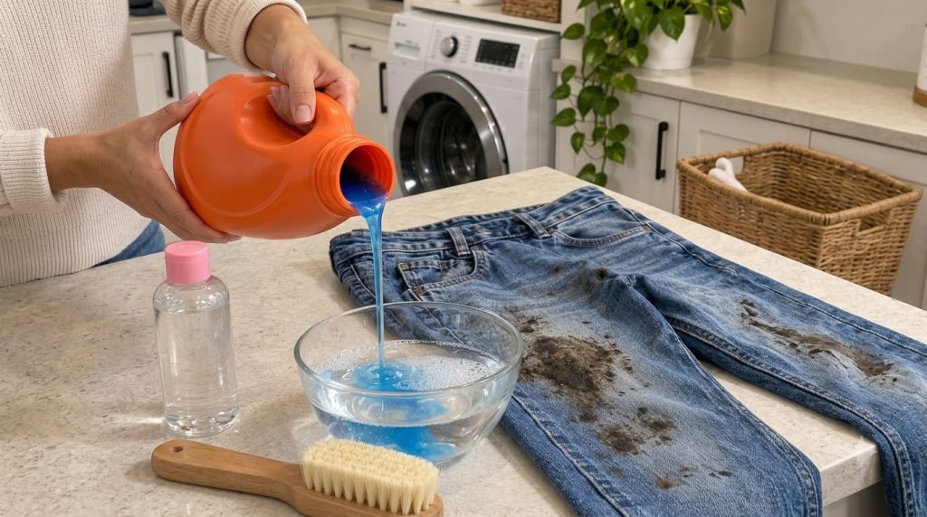 A hand pouring blue liquid from an orange bottle into a clear glass bowl which already contains water Stained blue jeans