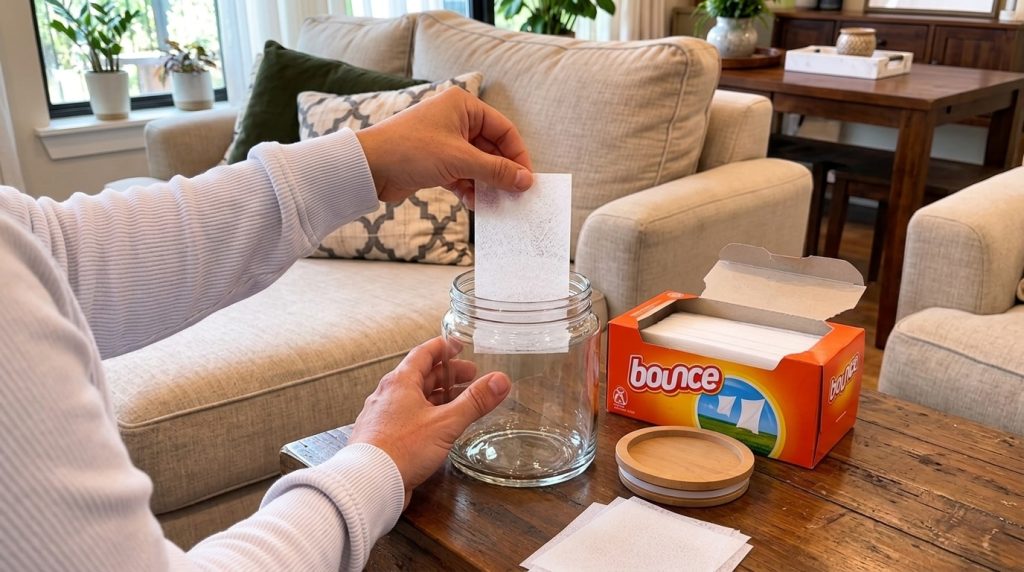 Hands placing a white dryer sheet into a clear glass jar with more sheets on a wooden table
