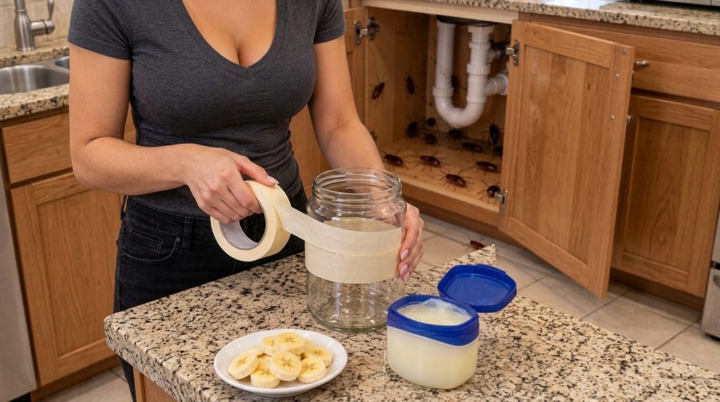 A person s hands are shown taping a glass jar on a kitchen counter preparing a cockroach trap On the side there are slic