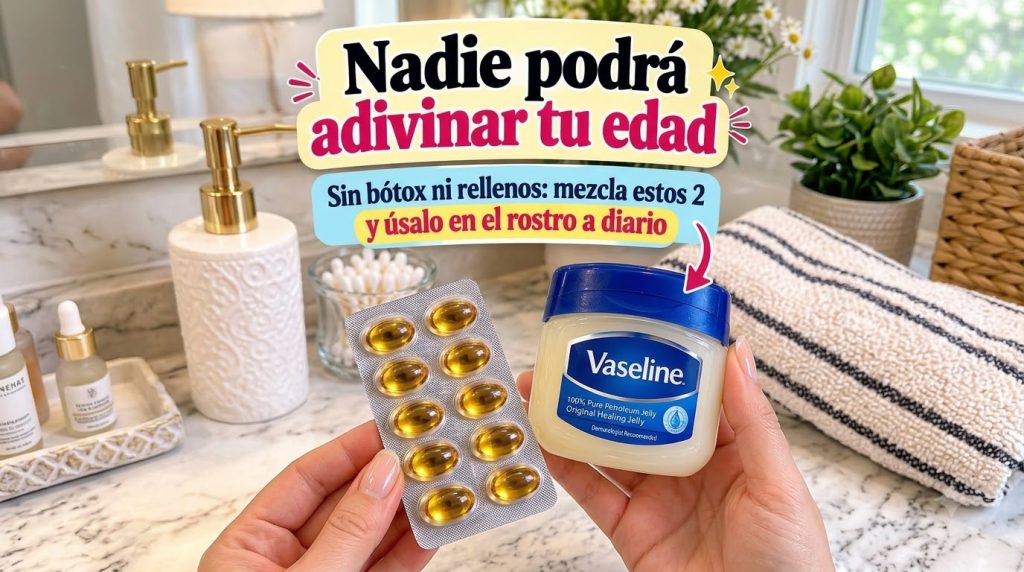Close-up of hands holding a blister pack of golden Vitamin E capsules and a small tub of Vaseline petroleum jelly on a b