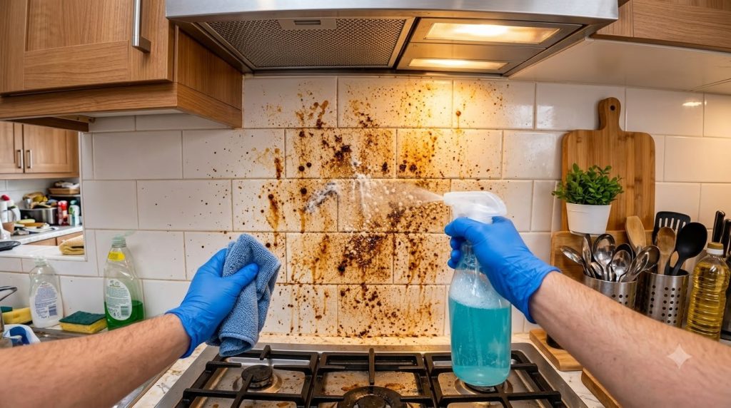 A person wearing blue gloves actively cleaning a heavily splattered kitchen backsplash One hand holds a spray bottle emi