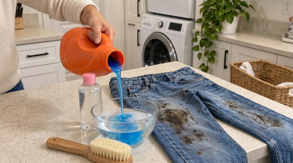 A hand pouring blue laundry detergent into a glass bowl with water next to dirty blue jeans a small bottle of micellar w