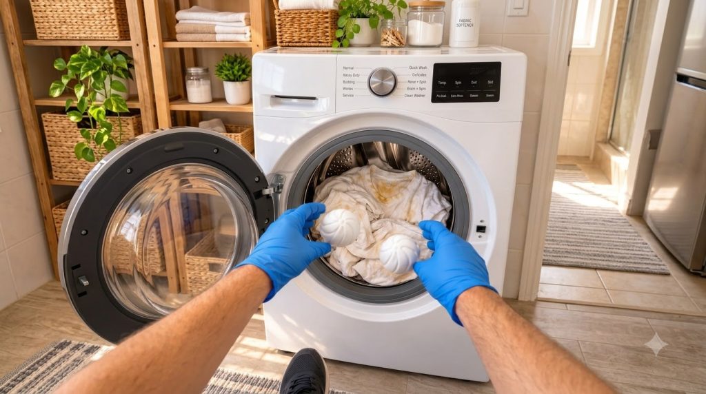 Manos con guantes azules añadiendo dos bolas de lavandería blancas a una lavadora de carga frontal llena de ropa sucia b
