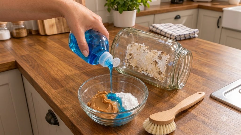 A hand squeezing blue dish soap into a glass bowl containing peanut butter and baking soda next to a dirty glass jar wit