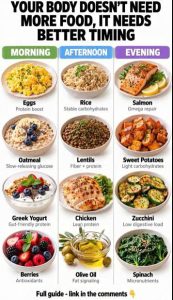 A variety of healthy foods categorized into Morning Afternoon and Evening sections representing strategic meal timing si