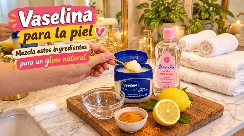 Una vista aérea de los ingredientes para una crema casera un frasco abierto de Vaselina una botella de aceite de bebé li
