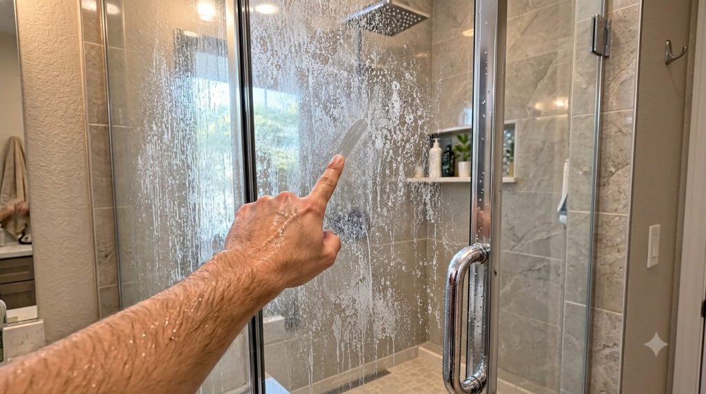 A wet hand with an extended index finger wiping away soap foam from a glass shower door revealing a clean streak