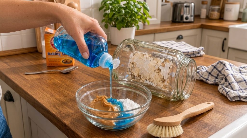 A hand pouring blue dish soap into a glass bowl with peanut butter and white baking soda with a dirty jar and wooden bru