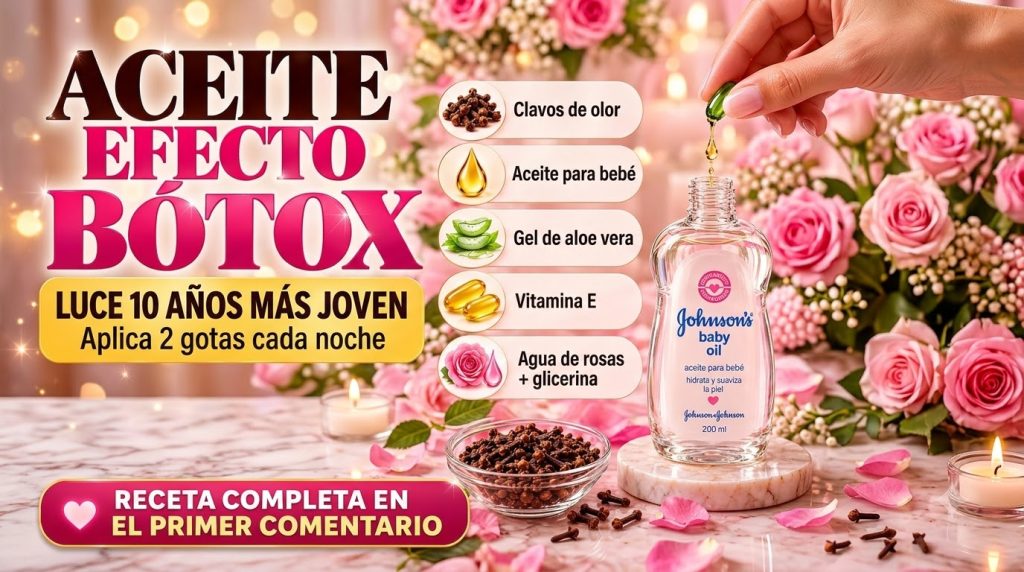 Bottle of baby oil a hand dripping liquid from a green capsule into it Icons of cloves aloe vera vitamin E and rose wate