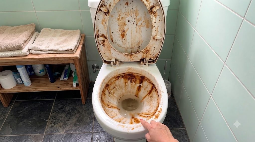 A severely unhygienic white toilet heavily stained with brown splatters and streaks across the inside of the bowl and th