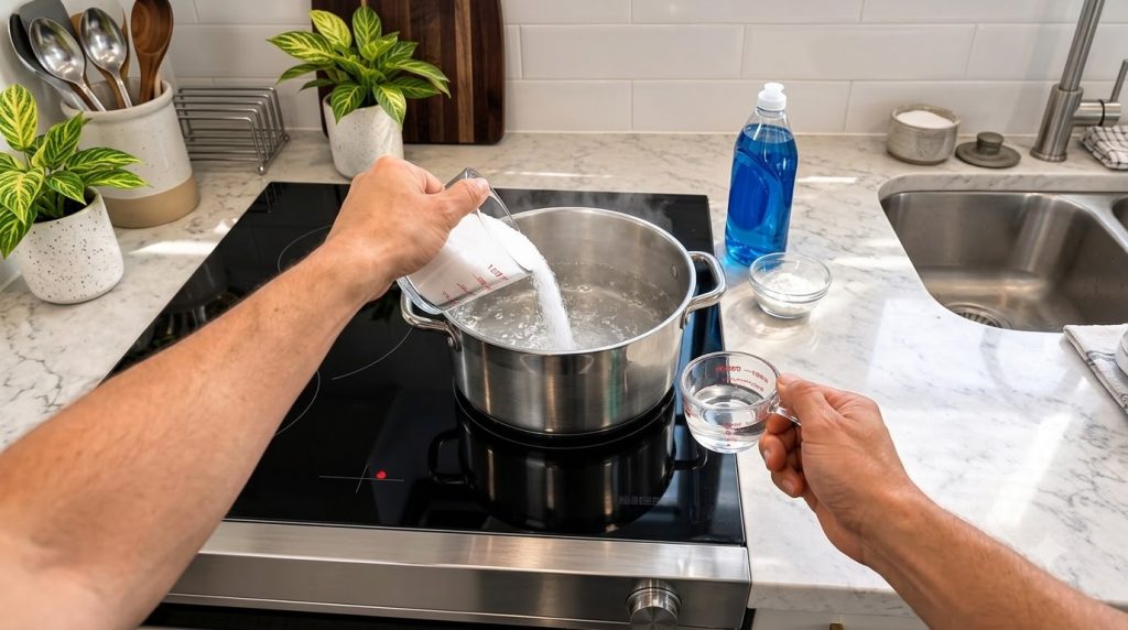 A person s hands pouring baking soda into a stainless steel pot with boiling water while a bottle of blue dish soap is v