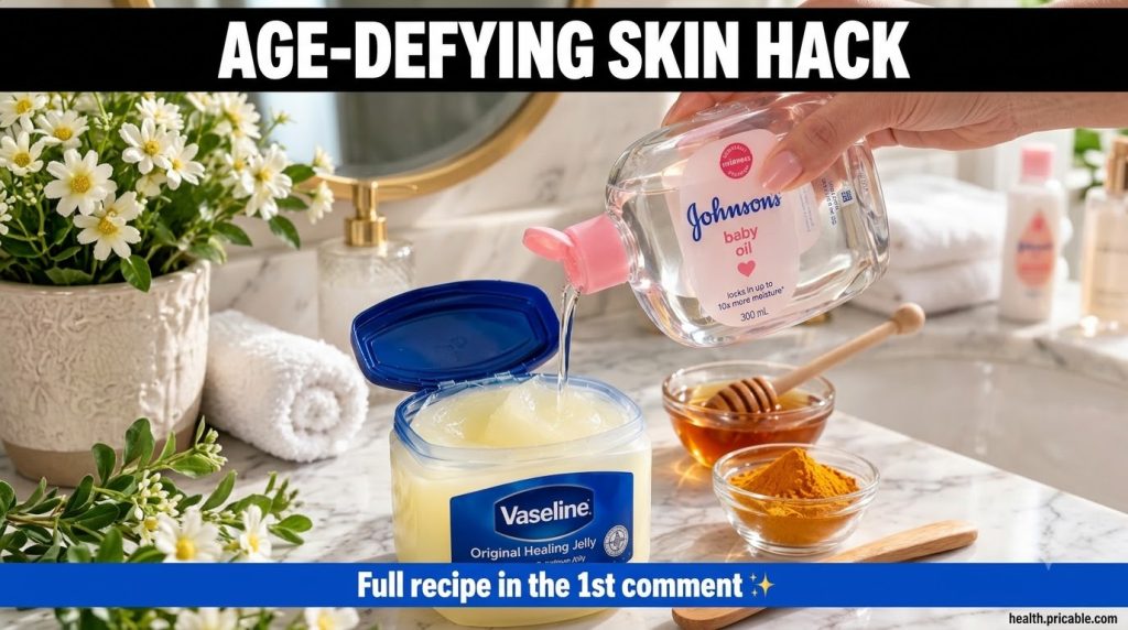 A hand pouring Johnson s baby oil into an open jar of Vaseline Petroleum Jelly with bowls of honey and turmeric powder n