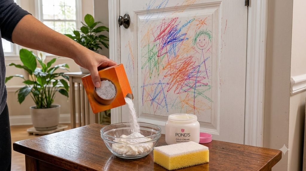 A hand pouring white baking soda from an orange box into a clear glass bowl containing white cold cream with a jar of Po