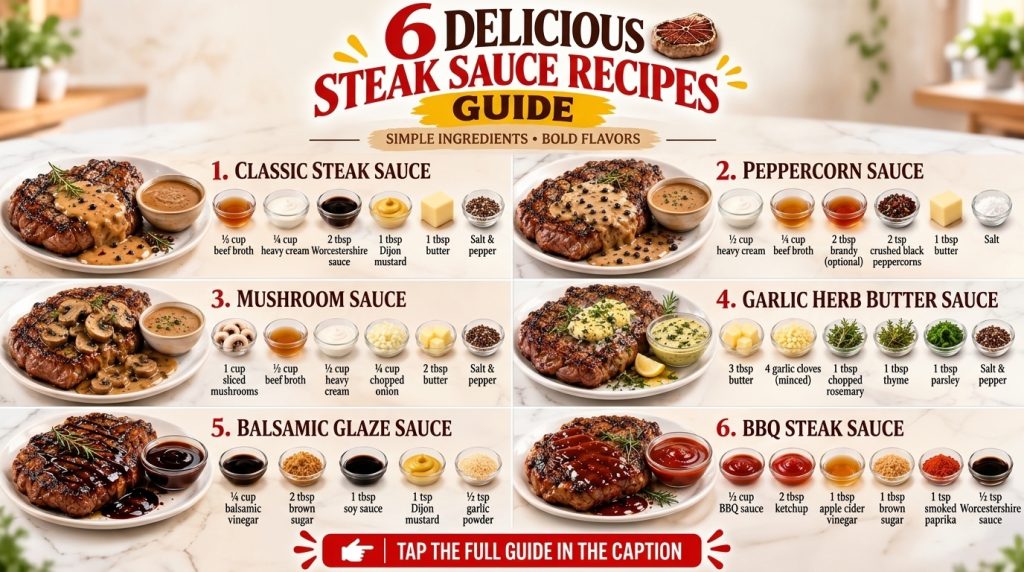 A grid layout showcasing six different steak sauce recipes each with a perfectly cooked steak and the individual ingredi